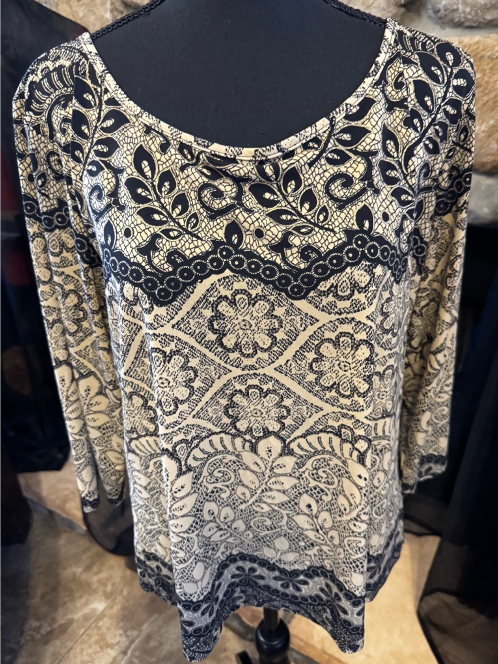Chico’s Black, Tan, Gold Floral Lace Print Long Sleeve Top